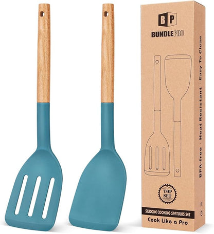 Pack of 2 Silicone Cooking Spatula, Heat Resistant Solid Turner, Non Stick by BUNDLEPRO