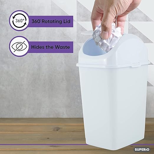 Superio Mini Desktop Trash Can with Swing Top Lid Portable Plastic Garbage Can for Countertop, Desktop, Make up Vanity, Bathroom, Car, Under Sink, Dorm, Compact Waste Bin 5 L, 1.25 Gal. (White)