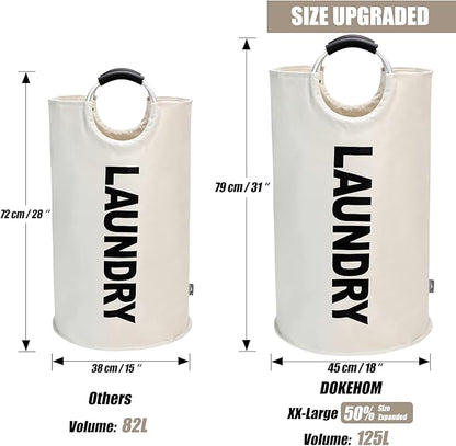 DOKEHOM 125L X-Large Laundry Basket, Collapsible Laundry Bag, Freestanding Tall Clothes Hamper, Foldable Washing Bin (Beige)