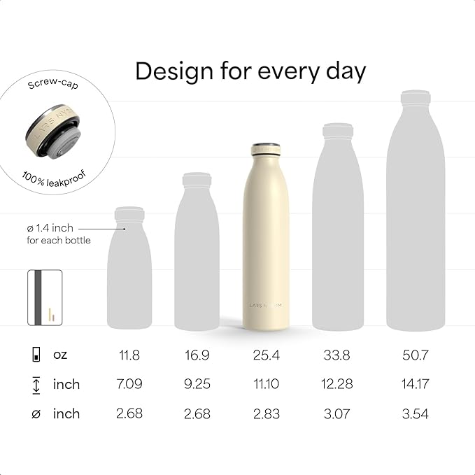 LARS NYSØM Stainless Steel Insulated Water Bottle 12oz 17oz 25oz 34oz 51oz | Insulated Thermo Flask for Hot and Cold Beverages | Leakproof Drinking Bottle (Misty Blue, 25.4oz)