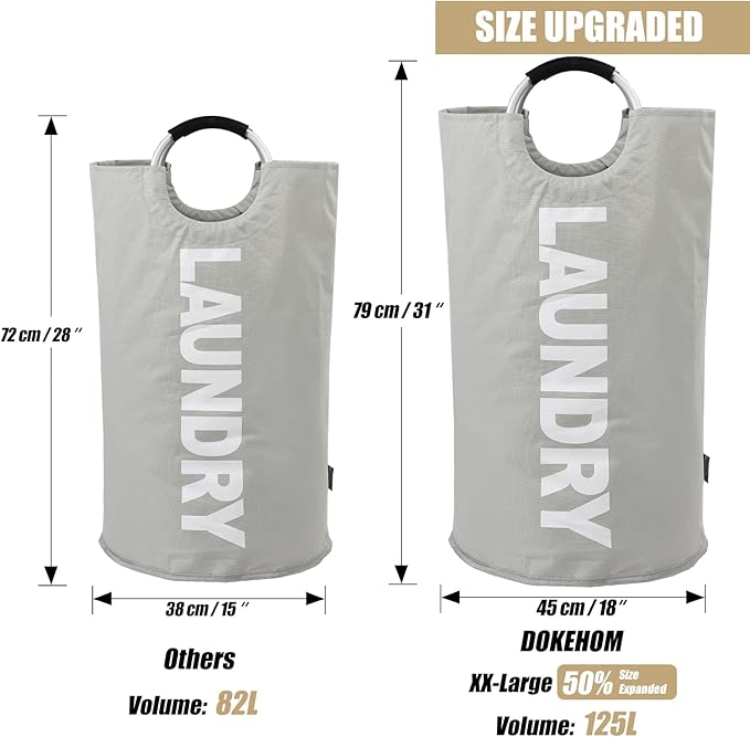 DOKEHOM 125L X-Large Collapsible Washing Laundry Basket Bag (7 Colors) for Bedroom, Fabric (Grey, XL)