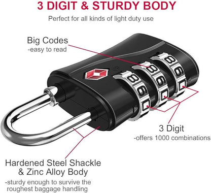 ZHEGE Luggage Locks TSA Approved, Small Padlock for Travel, Suitcase, Backpack, Laptop Bag and Handbag-Easy to Set with Alloy Body (Black)