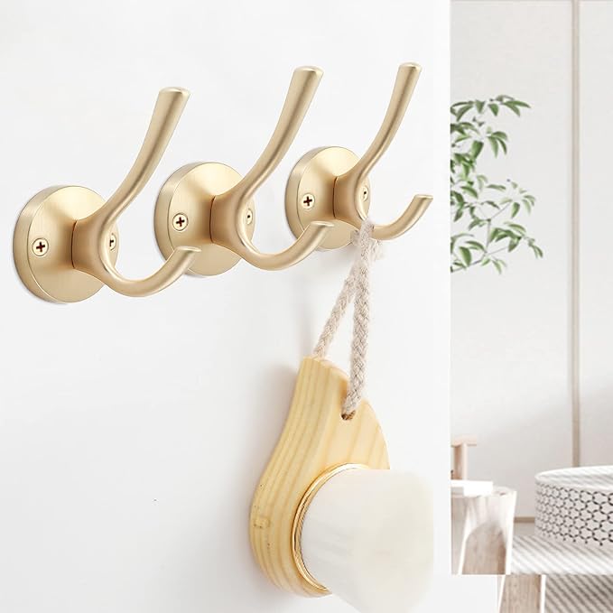 Gold Wall Hooks, 6 Pack Coat Robe Hook Heavy Duty Metal Double Bath Hook Wall - Image 6