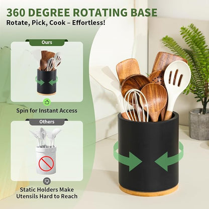 Wooden Utensil Holder, 360°Rotating 7.3'' Large Utensil Holder - Image 3