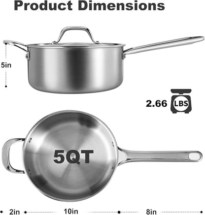 5 QT Saucepan with Lid, 3-Ply Stainless Steel Stockpot, Induction Compatible - Image 6