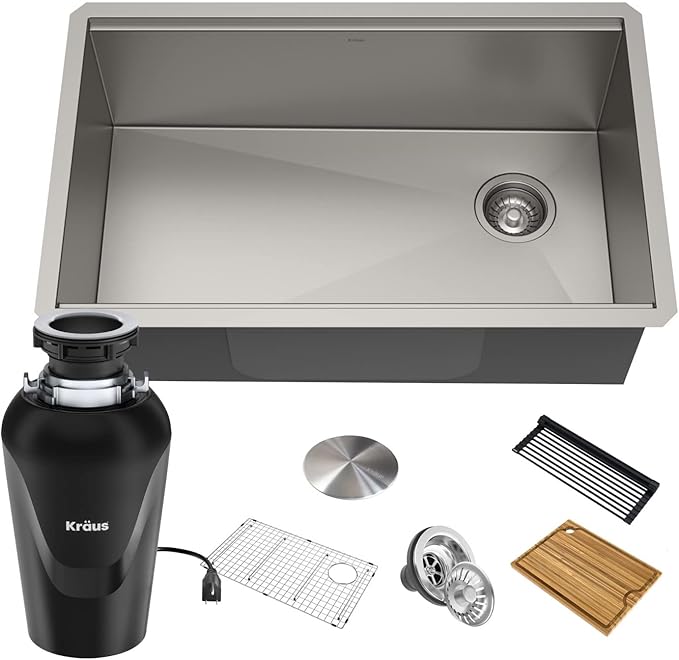 KRAUS Kore Workstation 32-inch Undermount 16 Gauge Stainless Kitchen Sink, Single Bowl Kitchen Sink with 3/4 HP Garbage Disposal, KWU110-32-100-75MB