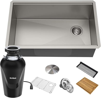 KRAUS Kore Workstation 32-inch Undermount 16 Gauge Stainless Kitchen Sink, Single Bowl Kitchen Sink with 3/4 HP Garbage Disposal, KWU110-32-100-75MB