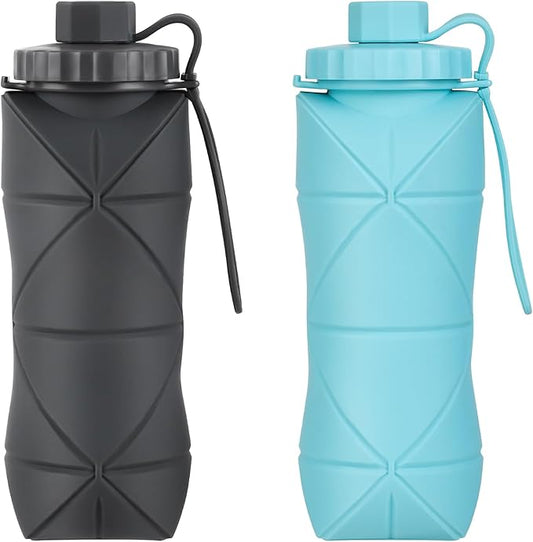 YCT Collapsible Silicone Travel Water Bottle 20oz (600ml), Reuseable Leakproof BPA Free Foldable Sports Bottle, with Carrying Strap, Dark Gray + Blue