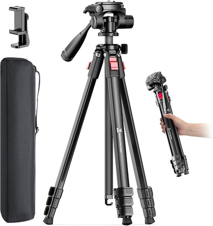 68" Lightweight Camera Tripod Stand, Compact Portable Travel Aluminum Tripod for DSLR/SLR, Compatible with Canon/Nikon/Phone (Supports 8.8 lbs, Weighs 2.46 lbs) Black
