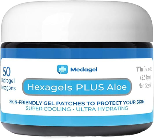 Hexagels Plus Aloe Vera - Advanced Healing Hydrogel Pads for Blister Prevention & Soothing Burn Care - Foot, Heel, Toe, & Ankle Protection, Pack of 50, 1-Inch Patches, Original Formula