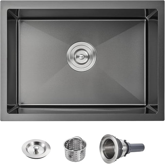 POPFLY 23×18 Inch Undermounter Kitchen Sink, 18 Gauge Stainless Steel Handmade Single Bowl Outdoor Small Rv Sink 9 Inch Deep Black Bar Prep Sink