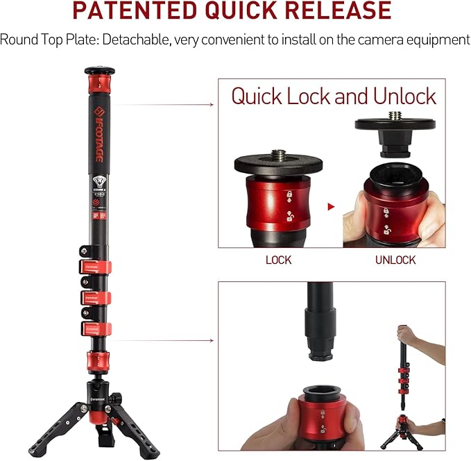 IFOOTAGE Monopod with Feet, 59’’ Lightweight Telescopic Carbon Fiber Camera Monopod,Tripod Stand,Metal Flip Locks for DSLR,Sony,Max.Load 22lbs,Cobra 2 C150 Ⅱ