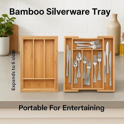 HIC Kitchen Expandable 6-Slot Silverware Cutlery Utensil Storage Tray, Natural - Image 2