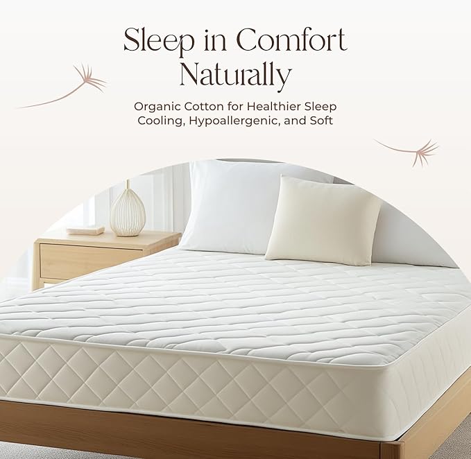 100% Cotton Organic Mattress Pad - Breathable & Cooling Mattress Protector Cal King - Premium 300GSM Quilted and Noiseless Machine Washable Organic Mattress Protector (Ivory, Cal King)