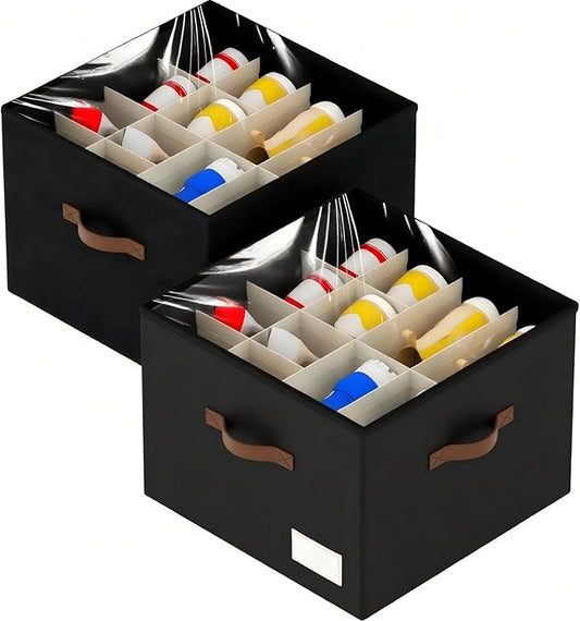 Shoe Organizer for Closet, 2 Pack Foldable Shoe Storage Containers, Fits up to 16-32 Pairs, Shoe Storage Organizer Box Cubby Baskets Bins with Clear Cover and Reinforced Handles, Black