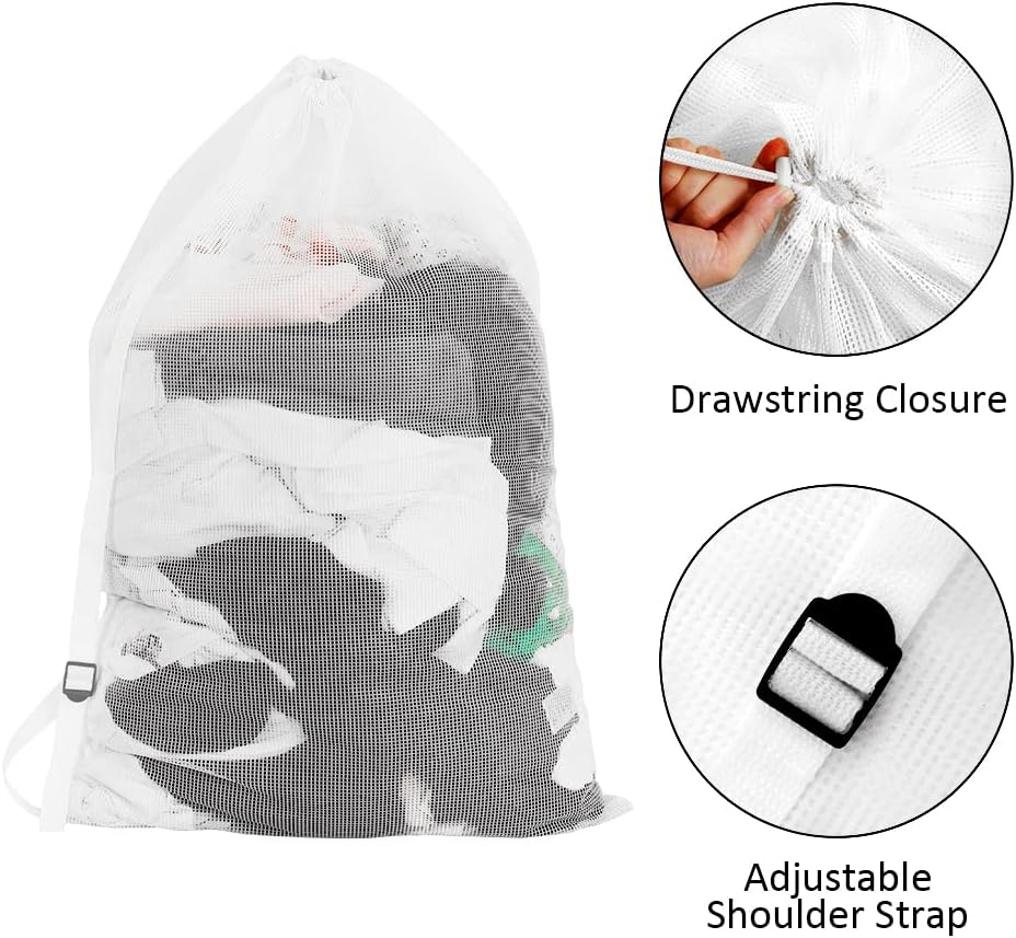 Mesh Laundry Bags with Adjustable Shoulder Strap, 24" x 36" Heavy Duty Nylon, Drawstring Closure, 3-Pack, Mixed Colors