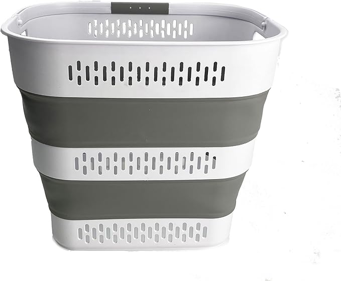SAMMART 40L (10.5 Gallon) Collapsible Plastic Laundry Basket with Handles - Foldable Pop Up Storage Container/Organizer - Portable Laundry Hamper - Space Saving (1, White/Grey)