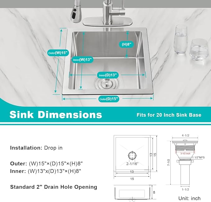 15 x 15 Inch Undermount Kitchen Sink, T-304 Stainless Steel Handmade Single Bowl Kitchen Bar Sink or Prep Small Sink (Brushed)