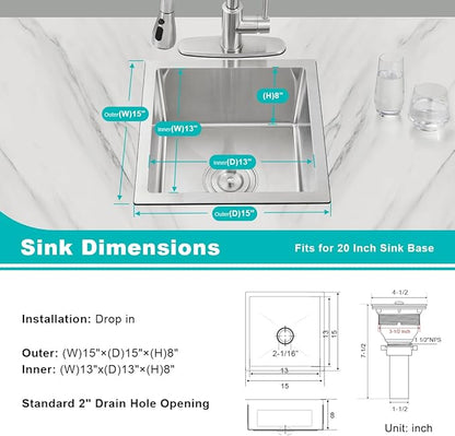15 x 15 Inch Undermount Kitchen Sink, T-304 Stainless Steel Handmade Single Bowl Kitchen Bar Sink or Prep Small Sink (Brushed)