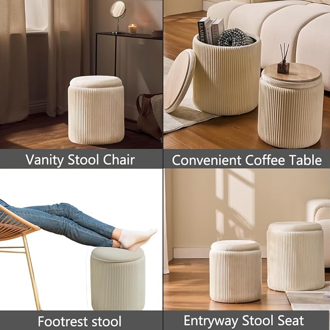 Round Set of 2 Ottoman with Storage-Upholstered Velvet Vanity Stool for Makeup Multifunctional Ottomans Coffee Table Padded Seat Foot Rest for Living Room&Bedroom（White）