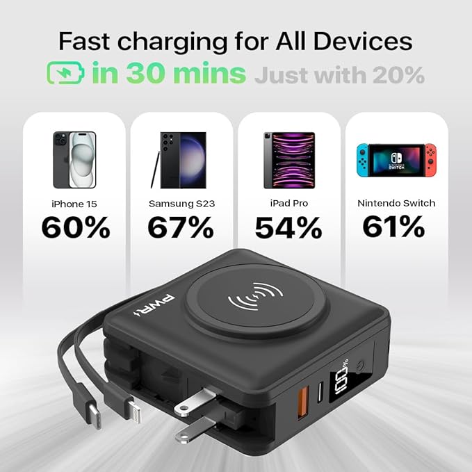 PWR Travel PRO 5-in-1 Power Bank with Case Included – 10,000mAh with Built-in Cables – 20W USB-C + 15W Wireless Charging – Compact Portable Charger for iPhone & Android- Black