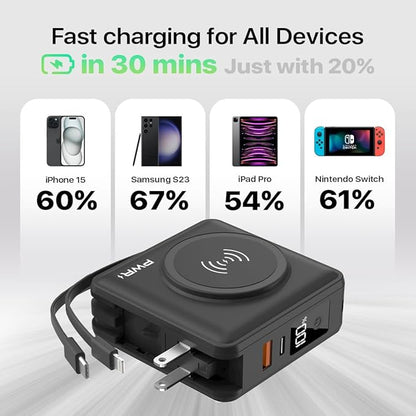 PWR Travel PRO 5-in-1 Power Bank with Case Included – 10,000mAh with Built-in Cables – 20W USB-C + 15W Wireless Charging – Compact Portable Charger for iPhone & Android- Black