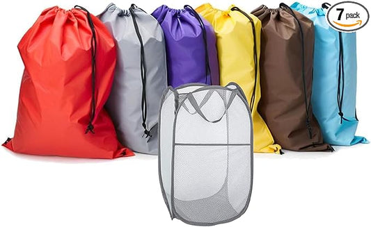 Extra Large Laundry Bags 6 Pack with 1 Pack Pop Up Hamper, Varied Colors Travel Laundry Bags 30"x40", Foldable Mesh Laundry Basket, for college dorm and apartment dwellers (7PCS)