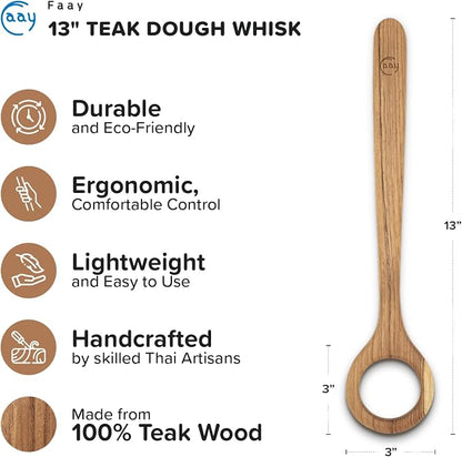 FAAY 13" Dough Whisk, 100% Healthy Teak Kitchen Utensils - Image 2