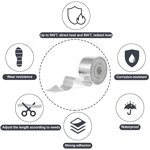 Zonon 2 Rolls Aluminum Foil Tape Heat Shield Tape Barrier Adhesive Reflective Fiberglass Thermal Insulation Reflective Material High Temp Protection(Silver,2 Inch X 100 ft)
