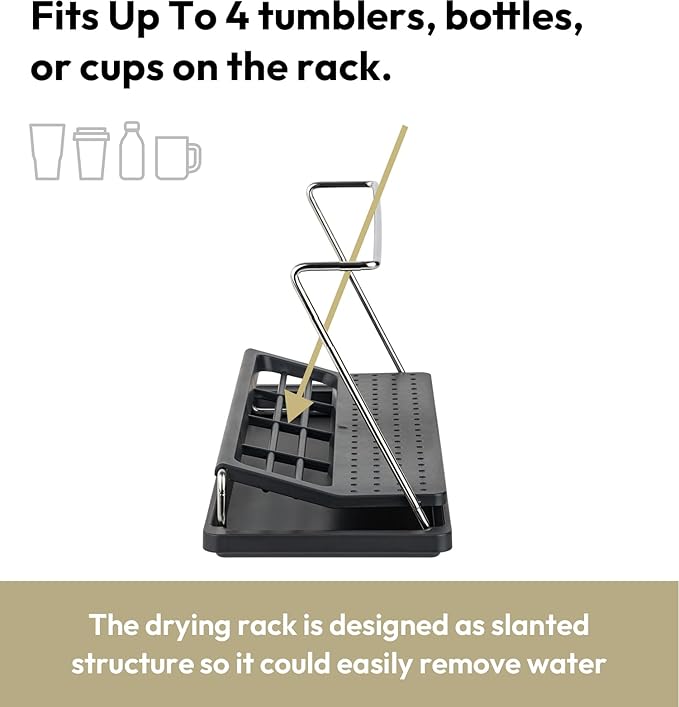 carrotez Bottle Drying Rack, Tumbler Rack with Drain Tray - Narrow and Wide Openings with Various Capacity, Mug Type and Cup Type - Black