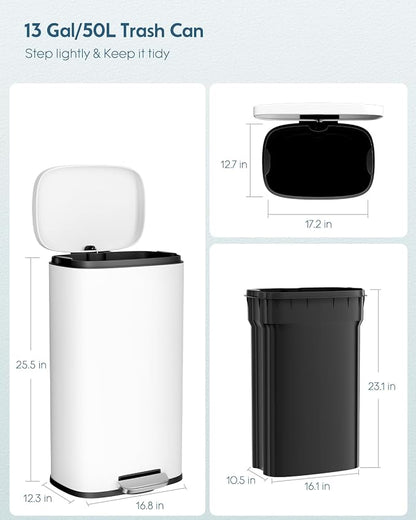Arlopu13.2 Gallon Step Trash Can, Stainless Steel Garbage Bin, Soft-Close - Image 2