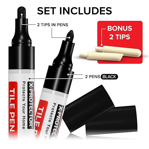 X-Protector Pen for Grout - 2 PCS, Black - Ideal Grout Paint Pens to Make Grout Black Again - Premium Grout Renew Pen with 2 Tips Types - Make Your Grouts Perfect Again!