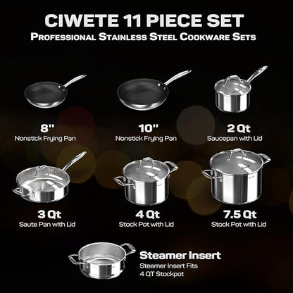 Ciwete 11-Piece Stainless Steel Pots and Pans Set Non Stick, Tri-Ply Stainless - Image 3