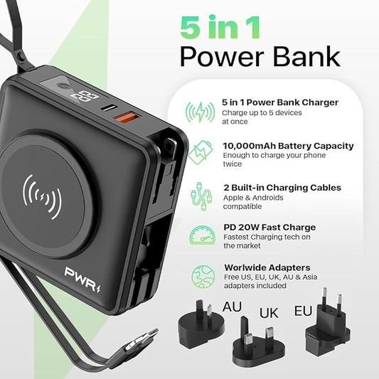 PWR Travel PRO 5-in-1 Power Bank with Case Included– 10,000mAh with Built-in Cables – 20W USB-C + 15W Wireless Charging – Compact Portable Charger for iPhone & Android- Black