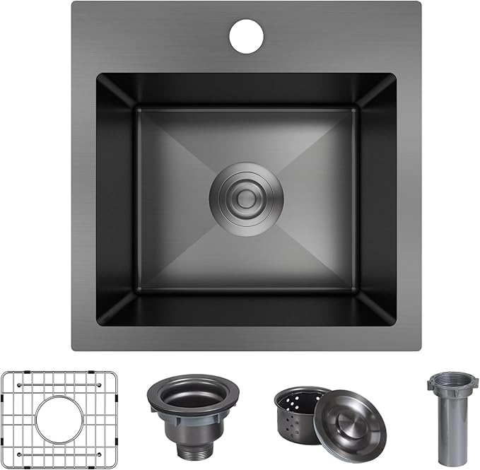 15 x 15 Inch Black Drop In Kitchen Sink - Single Bowl Topmount Bar Prep Sink, 18 Gauge Stainless Steel with Grid and Basket Strainer