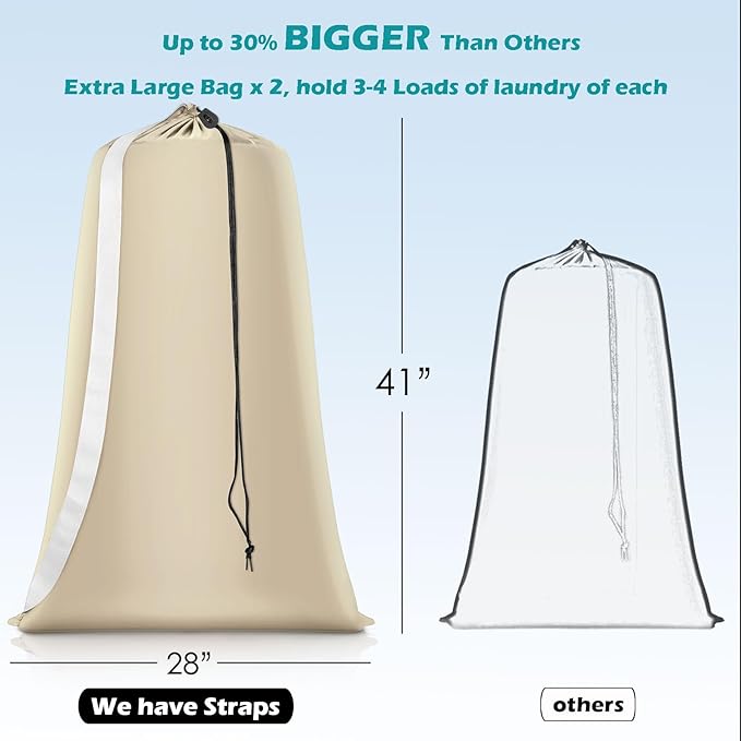 Heavy Duty Laundry Bag 2 Pack XL Nylon Laundry Bags with Straps, Washable Large Dirty Clothes Organizer with Drawstring Closure, Travel Washing Bag Fit a Laundry Hamper or Basket