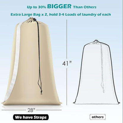 Heavy Duty Laundry Bag 2 Pack XL Nylon Laundry Bags with Straps, Washable Large Dirty Clothes Organizer with Drawstring Closure, Travel Washing Bag Fit a Laundry Hamper or Basket