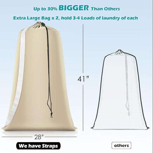 Heavy Duty Laundry Bag 2 Pack XL Nylon Laundry Bags with Straps, Washable Large Dirty Clothes Organizer with Drawstring Closure, Travel Washing Bag Fit a Laundry Hamper or Basket