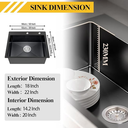 Black Kitchen Sink, Stainless Steel Topmount Bar Sink 22x18x9 Inch Single Bowl Drop In Kitchen Sink Combo-Sink Grid,Soap Dispenser,Drain Basket,Strainer Mesh,Drain Strainer Set for Modern Kitchen Sink