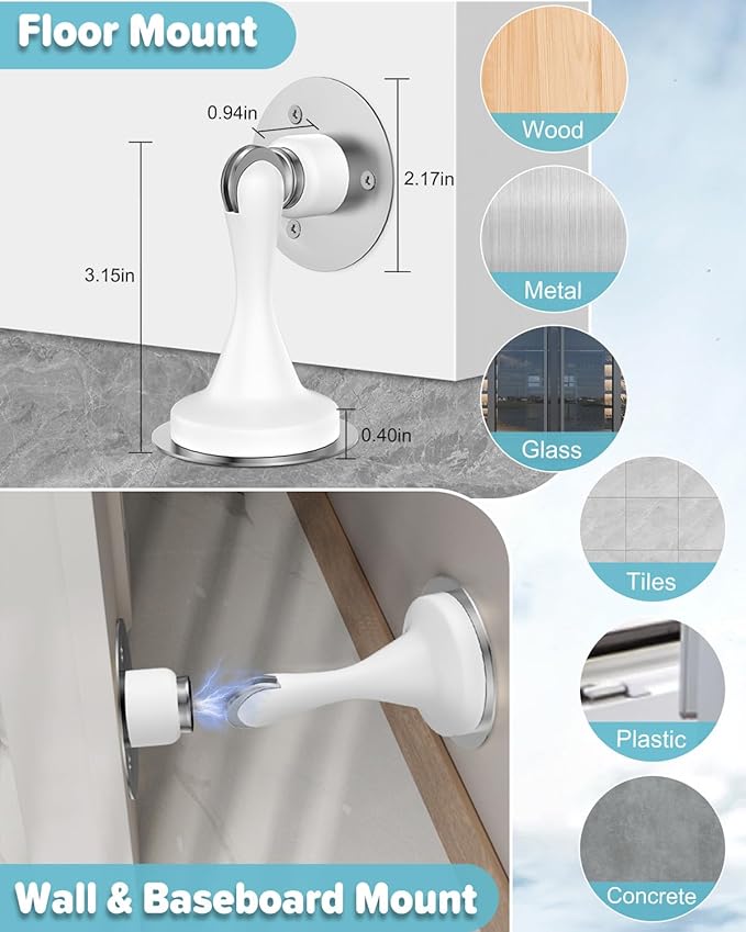 Magnetic Door Stoppers Door Catch - 2 Pack Stainless Steel Heavy Duty Door Stops for Bottom of Door, Wall & Floor Mounting No-Drill Strong Adhesive & Screws, Door Holder to Keep Door Open