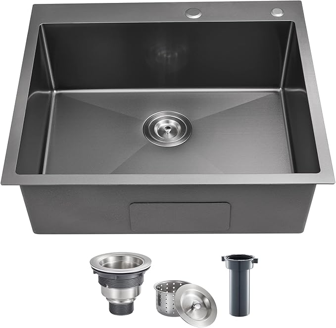 POPFLY 25 Inch Drop In Kitchen Sink, 25x18 Black Stainless Steel Top mount Workstation Sink, 9 Inch Deep 18 Gauge Stainless Steel Single Bowl 2 Holes Utility Sinks