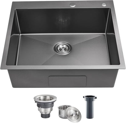 POPFLY 25 Inch Drop In Kitchen Sink, 25x18 Black Stainless Steel Top mount Workstation Sink, 9 Inch Deep 18 Gauge Stainless Steel Single Bowl 2 Holes Utility Sinks