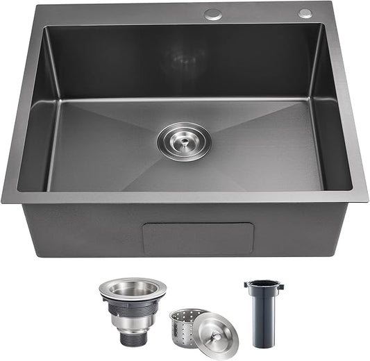 POPFLY 25 Inch Drop In Kitchen Sink, 25x18 Black Stainless Steel Top mount Workstation Sink, 9 Inch Deep 18 Gauge Stainless Steel Single Bowl 2 Holes Utility Sinks