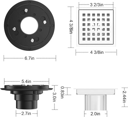 4-3/8 Inch Square Shower Drain Chrome, Bathroom Floor Drain, Stainless Steel - Image 3