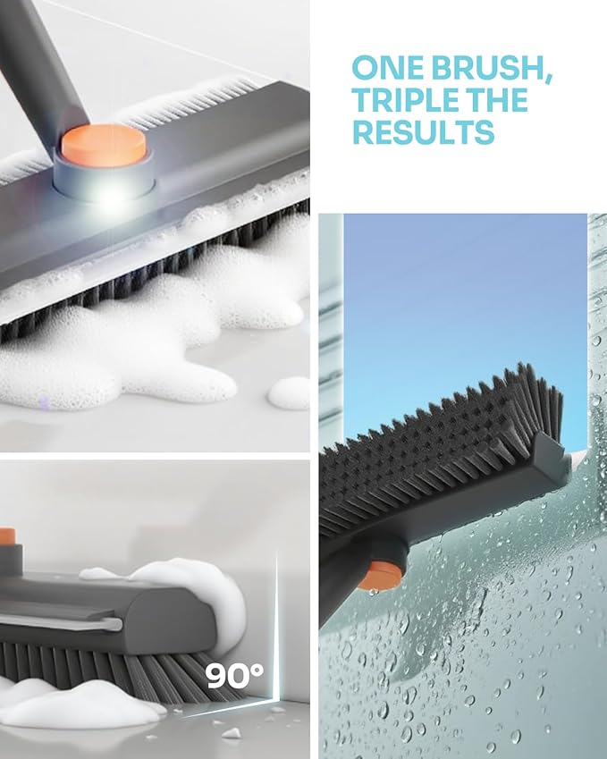 3-in-1 Floor Scrub Brush with Long Handle, Scrape and Heavy-Duty Stiff Bristle Floor Scrubber Brush, Floor Brush with Squeegee and Tweezerfor Cleaning Bathroom, Garage, Wall and Deck