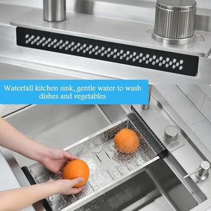 33 Inch Drop In Waterfall Kitchen Sink Workstation-Bokaiya 33x19 Drop In Kitchen Sink with Faucet Combo Stainless Steel Waterfall Sink Top Mount 16 Gauge 10" Deep Single Bowl Kitchen Sinks