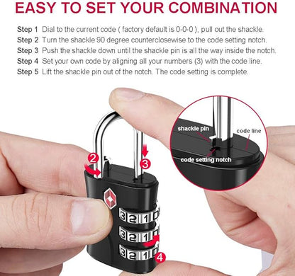 ZHEGE Luggage Locks TSA Approved, Small Padlock for Travel, Suitcase, Backpack, Laptop Bag and Handbag-Easy to Set with Alloy Body (Black)