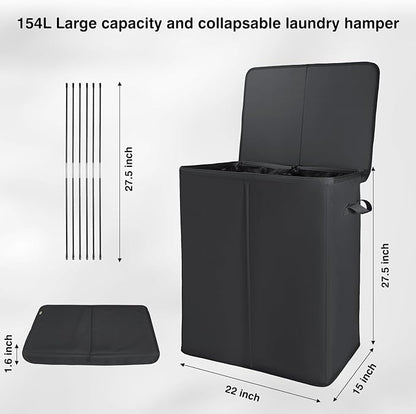 Voova 154L Double Laundry Hamper with Lid and 2 Removable Laundry Bags, Large Collapsible 2 Dividers Dirty Clothes Basket with Handles for Laundry Room, Bedroom, Bathroom, College Dorm, Black