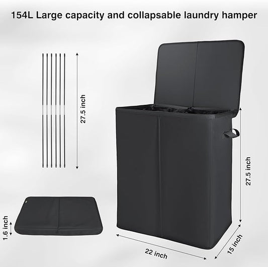 Voova 154L Double Laundry Hamper with Lid and 2 Removable Laundry Bags, Large Collapsible 2 Dividers Dirty Clothes Basket with Handles for Laundry Room, Bedroom, Bathroom, College Dorm, Black