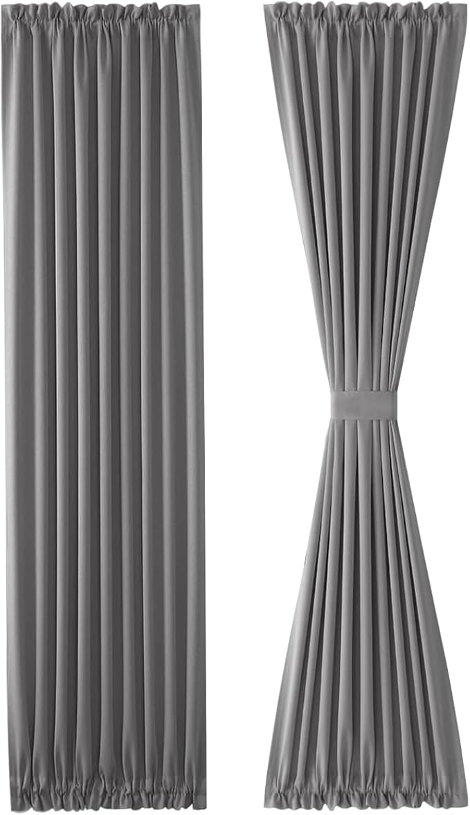 DWCN French Door Curtains – Rod Pocket Thermal Blackout Curtain for Doors with Glass Window, Kitchen and Patio Doors for Privacy, 36 X 72 Inches Long, 1 Curtain Panel with Tieback,Grey